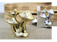 Figurka ceramiczna połysk ptaszek na grzybku 9x8,5 cm - 1 szt mix złoty i srebrny