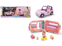 Auto z przyczepą kempingową z lalką i akcesoriami w kartonie 50x19x13 cm
