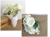 Bukiet mieszany PIWONIA, HORTENSJA wys. 36 cm, 7 łodyg (6 kwiatów 11-7 cm) BIAŁY