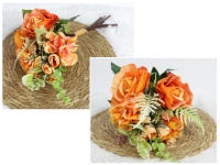 Bukiet mieszany RÓŻA, HORTENSJA wys. 35 cm, 6 łodyg w pęczku (2 róże 8x4,5 cm) CZERWONO POMARAŃCZOWY