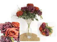 Bukiet mieszany RÓŻA, HORTENSJA wys.42 cm, 9 łodyg (9 kwiatów 10-8 cm) BORDOWO-RUDY cieniowany