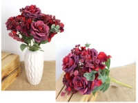 Bukiet mieszany RÓŻA, HORTENSJA wys. 37 cm, 7 łodyg (7 kwiatów 8-6 cm) BORDOWY