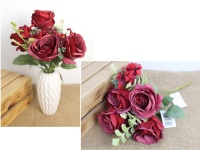 Bukiet mieszany z RÓŻĄ wys. 36 cm, 7 łodyg (4 kwiaty 8x7 cm) BORDOWY