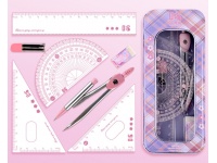 Cyrkiel zestaw z linijką i ekierkami w metalowym pudełku 17,5x7 cm RÓŻOWY