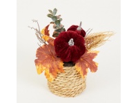 Dekoracja jesienna Dynie welurowe kompozycja w plecionej osłonce 16 cm