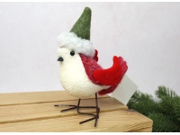 Dekoracja PTASZEK w czapce 16x15x7 cm BIAŁY z czerwonymi skrzydłami