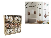 Dekoracja zawieszka wielkanocna JAJKO 6 cm  w kartonie białe, brązowe KWIATY, PASY kpl. 12 szt