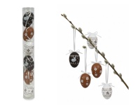 Dekoracja zawieszka wielkanocna JAJKO 6 cm  w tubie białe, beżowe, brązowe KWIATKI ZAJĄCZKI kpl. 6 szt