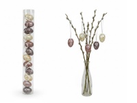 Dekoracja zawieszka wielkanocna JAJKO 4 cm w tubie kremowe, fioletowe KWIATY kpl. 12 szt