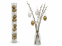 Dekoracja zawieszka wielkanocna JAJKO 4 cm w tubie białe, złote PASKI KROPKI kpl. 12 szt