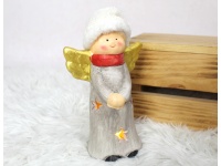 Figurka ceramiczna ANIOŁ czerwony szalik, wełniana czapka LED 18 cm 32208-2