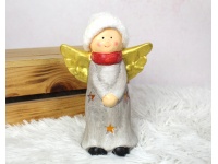Figurka ceramiczna ANIOŁ czerwony szalik, wełniana czapka LED 20 cm 32208-1