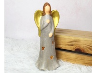 Figurka ceramiczna ANIOŁ złote skrzydła LED 25 cm 32207-1