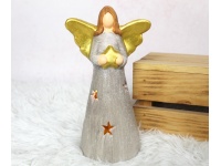 Figurka ceramiczna ANIOŁ złote skrzydła z gwiazdką LED 21 cm 32205-1