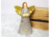 Figurka ceramiczna ANIOŁ złote skrzydła z gwiazdką LED 15 cm 32205-2