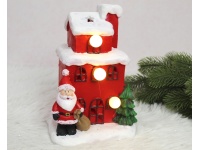 Figurka ceramiczna DOMEK czerwony z Mikołajem i choinką świecący LED 20x14x11 cm (16158-1)