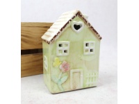 Figurka ceramiczny DOMEK led 14x10x7 cm - jasno zielony z kwiatkami