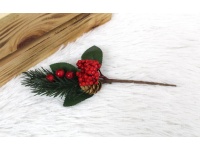 Gałązka sztuczna BOŻONARODZENIOWA z jarzębiną i  szyszką 22 cm