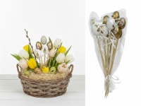 Jajka plastikowe na piku 26 cm białe, złote ZAJĄC z sercem kpl 12 szt