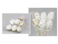 Jajko plastikowe (6 cm) na piku BIAŁE Z ZŁOTYM WZORKIEM 20 cm - kpl 6 szt