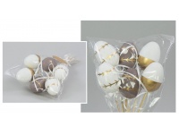 Jajko plastikowe (6 cm) na piku białe, brąz w złoty wzorek 20 cm - kpl 6 szt