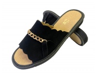 Pantofle, klapki, kapcie damskie skórzane, zamszowe Czarne ze srebrnym łańcuszkiem 36-41 (01B) - 1 para