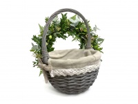 Koszyk wikliniowy okrągły szary, wyściełany materiałem białym 26x21x13 cm