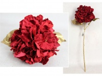 Kwiat HORTENSJA wys. 64 cm średnica 20 cm gruby welur CZERWONA ze złotą łodygą