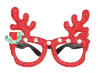 Okulary świąteczne RENIFER CZERWONE BROKATOWE 14x10 cm