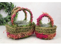 Osłonka, kosz mech, gałązki suszone kwiaty róż, juta 24x24x16 i 20x18x11 cm kpl 2 szt