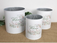 Osłonka metalowa TUBA w kwiaty z napisem Welcome - kpl 3 szt BIAŁY 