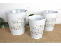 Osłonka metalowa WIADRO w kwiaty z napisem Welcome - kpl 3 szt BIAŁY