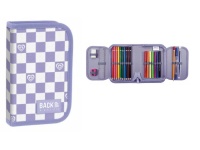 Piórnik z wyposażeniem jednokomorowy 20x13x4 cm BACKUP 6 MODEL SW29 szachownica biało-fioletowa