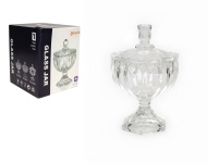 Pojemnik szklany, cukiernica na nóżce z pokrywką, tłoczony wzór PASY 13x9,5 cm