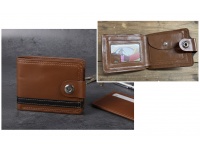 Portfel pionowy męski brązowy z czarnym paskiem 12x9 cm