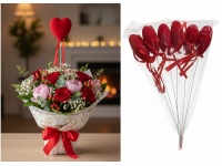 Serce na piku styropianowe flokowane 33x8 cm kpl 6 szt CZERWONE