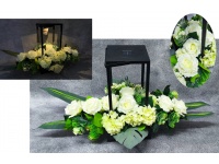 Stroik zalewany podłużny RÓŻA, HORTENSJA + LATARNIA DUŻA solar (48x20x20 cm + ok.100 cm) BIAŁY