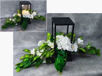 Stroik zalewany STORCZYKI, HORTENSJE, bluszcz + LATARNIA DUŻA solar (48x20x20 cm + ok. 110x75 cm) 3,6 kg BIAŁY