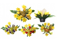 Stroik zalewany wiosenny, misa okrągła, 7 żonkili, 5 tulipanów, gałązka bazi (ok.65x40x40  cm) ok. 1,2 kg