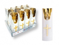 Świeca LED lustro z krzyżem BIAŁO-ZŁOTA transparentny płomyk (światło zimne białe) 15x4,7 cm no: 409 (C708)  - 1 szt 