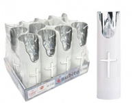 Świeca LED lustro z krzyżem BIAŁO-SREBRNA transparentny płomyk (światło zimne białe) 17,5x4,8 cm no: 417 (C708)  - 1 szt 