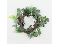 Wianek Świąteczny z szyszkami i białymi kulkami ośnieżony 40 cm