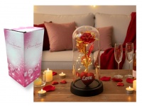 Wieczna RÓŻA LED czerwono złota na czarnym podstawku z sercem 21x11 cm