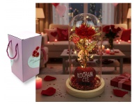 Wieczna RÓŻA LED czerwono złota na drewnianym podstawku z sercem i confetti 21x11 cm