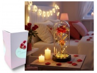 Wieczna RÓŻA LED czerwono złota na czarnym podstawku i listkami 21x11 cm