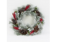 Wieniec świąteczny zielono-czerwony kulki, szyszki OŚNIEŻONY 60 cm