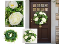 Wieniec wianek RÓŻA, KAMELIA 32 cm (3 róże 9x5 cm, 9 kamelia 5x2,5 cm) - KREMOWY