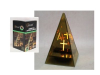 Znicz, lampion szklany solarny 3D KRZYŻ złote lustro PIRAMIDA 20x12,5x12,5 cm