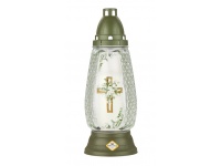 Znicz szklany 1070 AP bezbarwny z aplikacją krzyż OLIWKOWY 29 cm - 1 szt