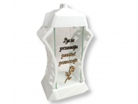 Znicz szklany Lampion IX AŻUR BIAŁY 37 cm złoty napis i róża - 1 szt